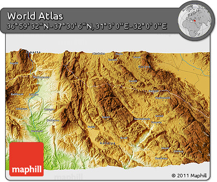 Physical 3D Map of the Area around 37° 14' 49" N, 31° 31' 29" E