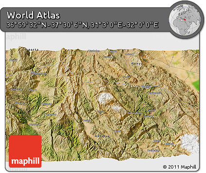 Satellite 3D Map of the Area around 37° 14' 49" N, 31° 31' 29" E