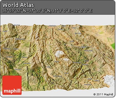 Satellite 3D Map of the Area around 37° 14' 49" N, 31° 31' 29" E