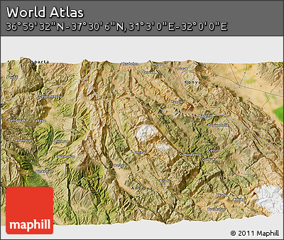 Satellite 3D Map of the Area around 37° 14' 49" N, 31° 31' 29" E