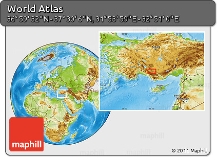 Physical Location Map of the Area around 37° 14' 49" N, 32° 22' 30" E