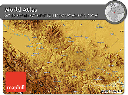 Physical Map of the Area around 37° 14' 49" N, 32° 22' 30" E