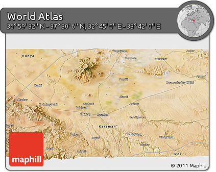 Satellite 3D Map of the Area around 37° 14' 49" N, 33° 13' 30" E