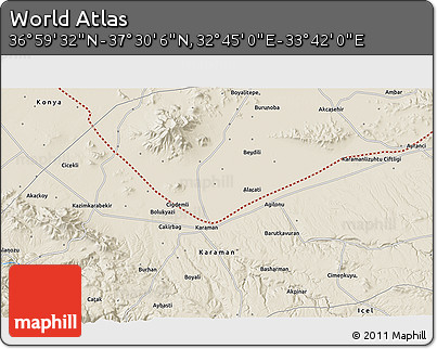 Shaded Relief 3D Map of the Area around 37° 14' 49" N, 33° 13' 30" E