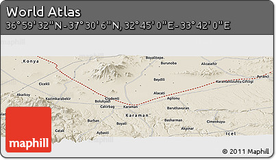 Shaded Relief Panoramic Map of the Area around 37° 14' 49" N, 33° 13' 30" E