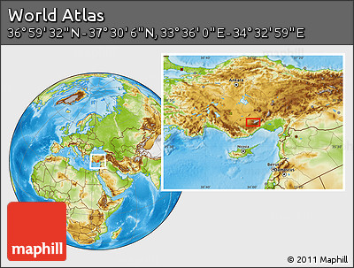 Physical Location Map of the Area around 37° 14' 49" N, 34° 4' 30" E