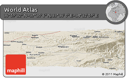 Shaded Relief Panoramic Map of the Area around 37° 14' 49" N, 34° 4' 30" E