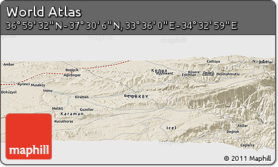 Shaded Relief Panoramic Map of the Area around 37° 14' 49" N, 34° 4' 30" E