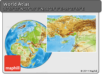 Physical Location Map of the Area around 37° 14' 49" N, 34° 55' 29" E