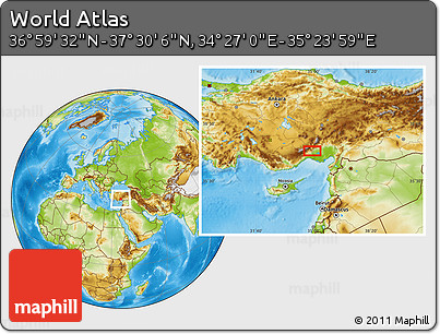 Physical Location Map of the Area around 37° 14' 49" N, 34° 55' 29" E
