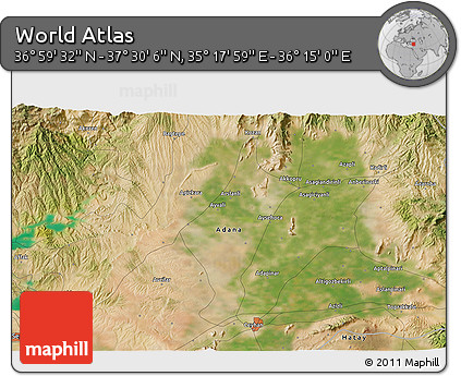 Satellite 3D Map of the Area around 37° 14' 49" N, 35° 46' 29" E