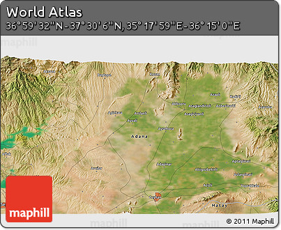 Satellite 3D Map of the Area around 37° 14' 49" N, 35° 46' 29" E
