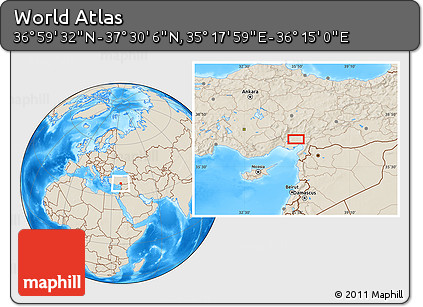Shaded Relief Location Map of the Area around 37° 14' 49" N, 35° 46' 29" E