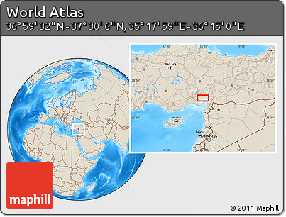 Shaded Relief Location Map of the Area around 37° 14' 49" N, 35° 46' 29" E