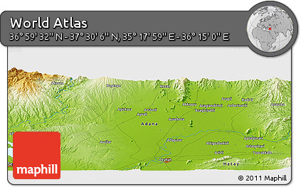 Physical Panoramic Map of the Area around 37° 14' 49" N, 35° 46' 29" E