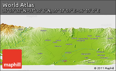 Physical Panoramic Map of the Area around 37° 14' 49" N, 35° 46' 29" E