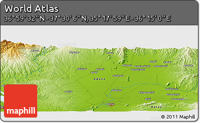 Physical Panoramic Map of the Area around 37° 14' 49" N, 35° 46' 29" E