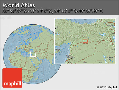 Savanna Style Location Map of the Area around 37° 14' 49" N, 39° 10' 29" E, hill shading