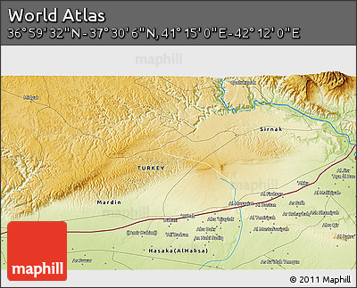 Physical 3D Map of the Area around 37° 14' 49" N, 41° 43' 30" E