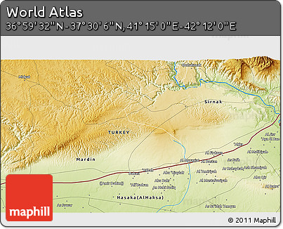 Physical 3D Map of the Area around 37° 14' 49" N, 41° 43' 30" E