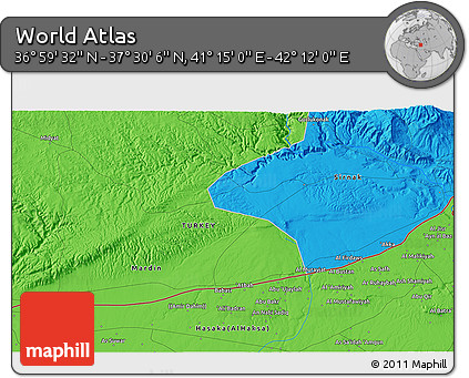 Political 3D Map of the Area around 37° 14' 49" N, 41° 43' 30" E