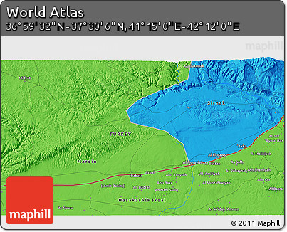Political 3D Map of the Area around 37° 14' 49" N, 41° 43' 30" E
