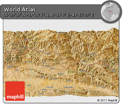 Satellite 3D Map of the Area around 37° 14' 49" N, 43° 25' 29" E