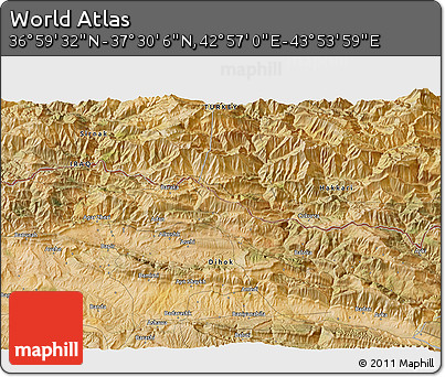 Satellite 3D Map of the Area around 37° 14' 49" N, 43° 25' 29" E