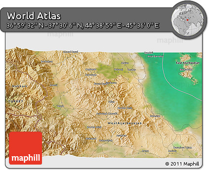 Satellite 3D Map of the Area around 37° 14' 49" N, 45° 7' 30" E