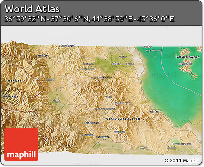 Satellite 3D Map of the Area around 37° 14' 49" N, 45° 7' 30" E