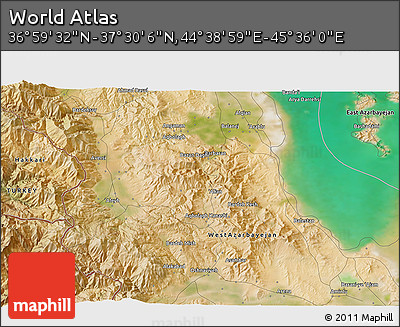 Satellite 3D Map of the Area around 37° 14' 49" N, 45° 7' 30" E