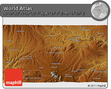 Physical 3D Map of the Area around 37° 14' 49" N, 46° 49' 30" E