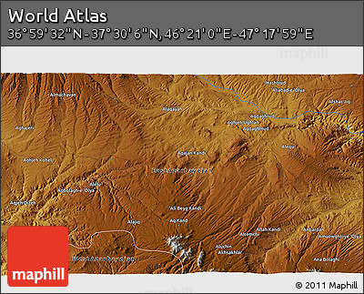 Physical 3D Map of the Area around 37° 14' 49" N, 46° 49' 30" E