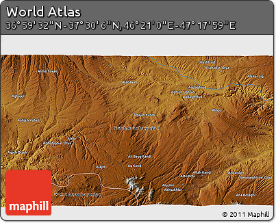 Physical 3D Map of the Area around 37° 14' 49" N, 46° 49' 30" E