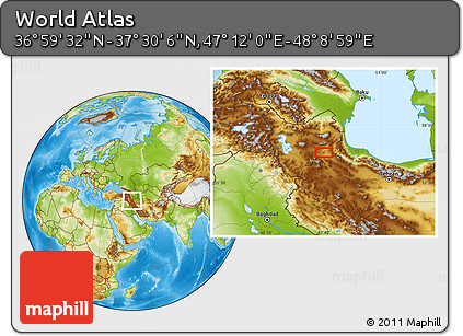 Physical Location Map of the Area around 37° 14' 49" N, 47° 40' 29" E