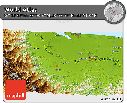 Physical 3D Map of the Area around 37° 14' 49" N, 49° 22' 30" E