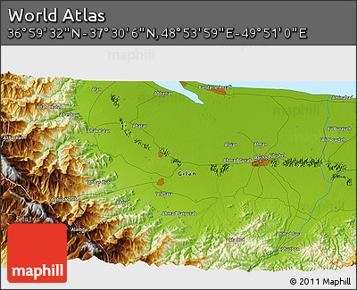 Physical 3D Map of the Area around 37° 14' 49" N, 49° 22' 30" E