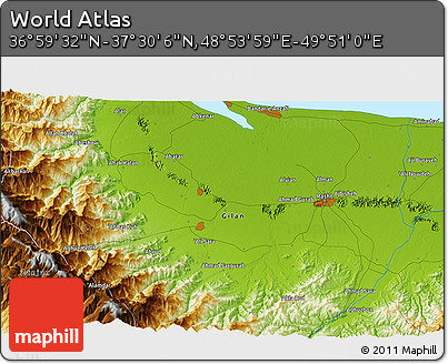 Physical 3D Map of the Area around 37° 14' 49" N, 49° 22' 30" E