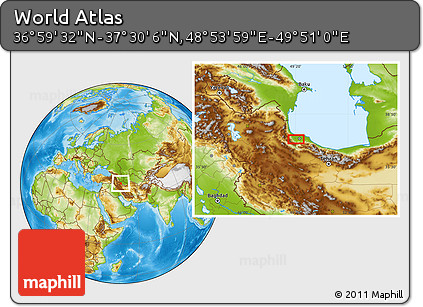 Physical Location Map of the Area around 37° 14' 49" N, 49° 22' 30" E