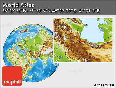 Physical Location Map of the Area around 37° 14' 49" N, 49° 22' 30" E