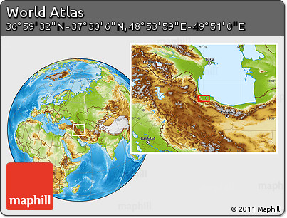 Physical Location Map of the Area around 37° 14' 49" N, 49° 22' 30" E