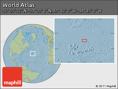 Savanna Style Location Map of the Area around 37° 14' 49" N, 49° 13' 30" W, hill shading