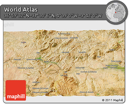 Satellite 3D Map of the Area around 37° 14' 49" N, 4° 10' 30" W