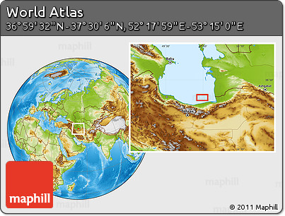 Physical Location Map of the Area around 37° 14' 49" N, 52° 46' 29" E