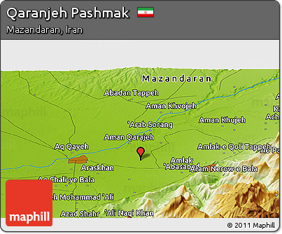 Physical Panoramic Map of Qaranjeh Pashmak