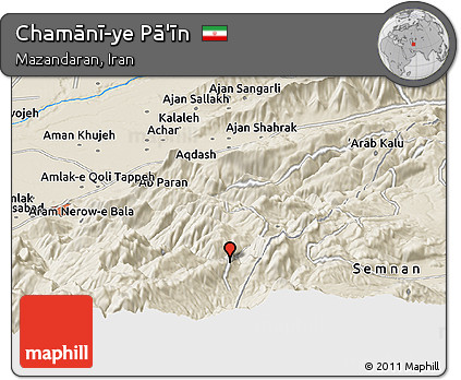 Shaded Relief Panoramic Map of Chamānī-ye Pā'īn
