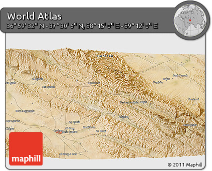 Satellite 3D Map of the Area around 37° 14' 49" N, 58° 43' 30" E
