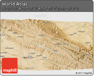 Satellite 3D Map of the Area around 37° 14' 49" N, 58° 43' 30" E