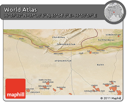 Satellite 3D Map of the Area around 37° 14' 49" N, 66° 22' 30" E
