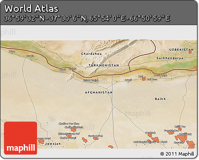Satellite 3D Map of the Area around 37° 14' 49" N, 66° 22' 30" E